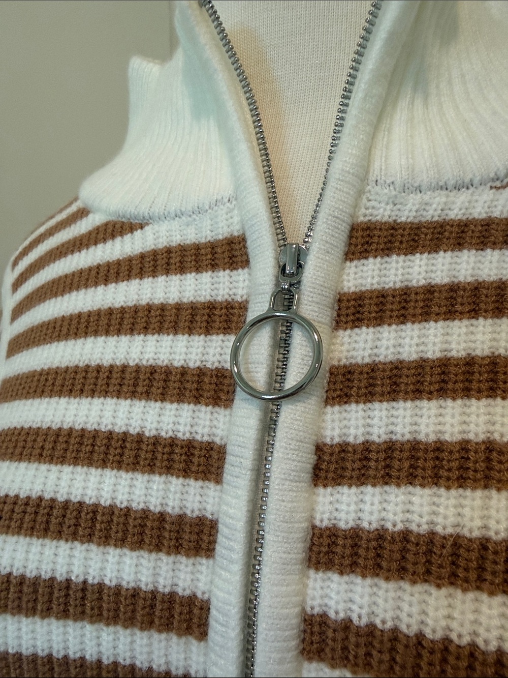 Striped Half-Zip Pullover Sweater in Brown and White - Picture 2 of 4